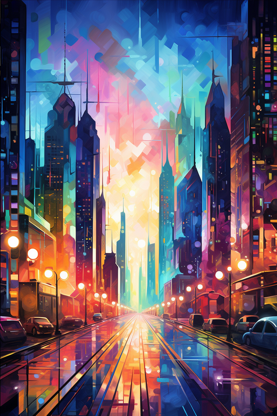 A colorful painting of a city at night.