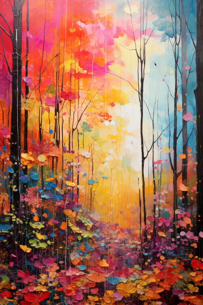 An oil painting of colorful leaves in the forest.