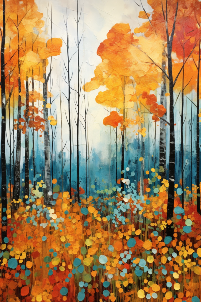 A painting of autumn trees and flowers.