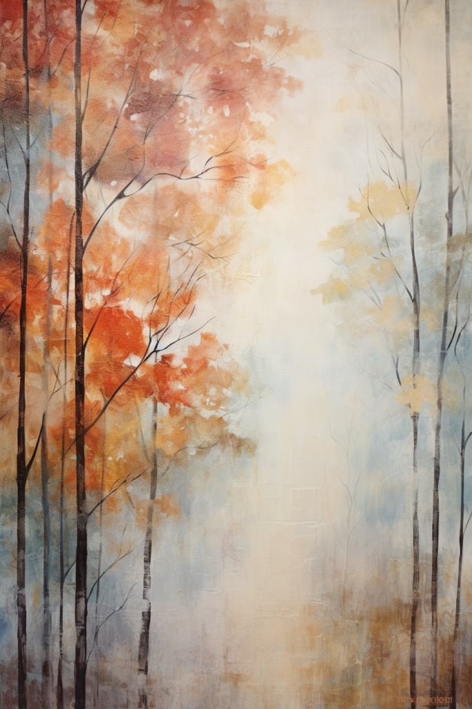 A painting of autumn trees in the mist.