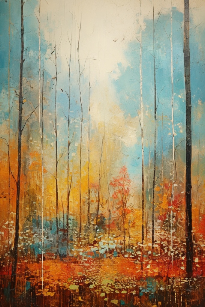A painting of a forest in autumn colors.
