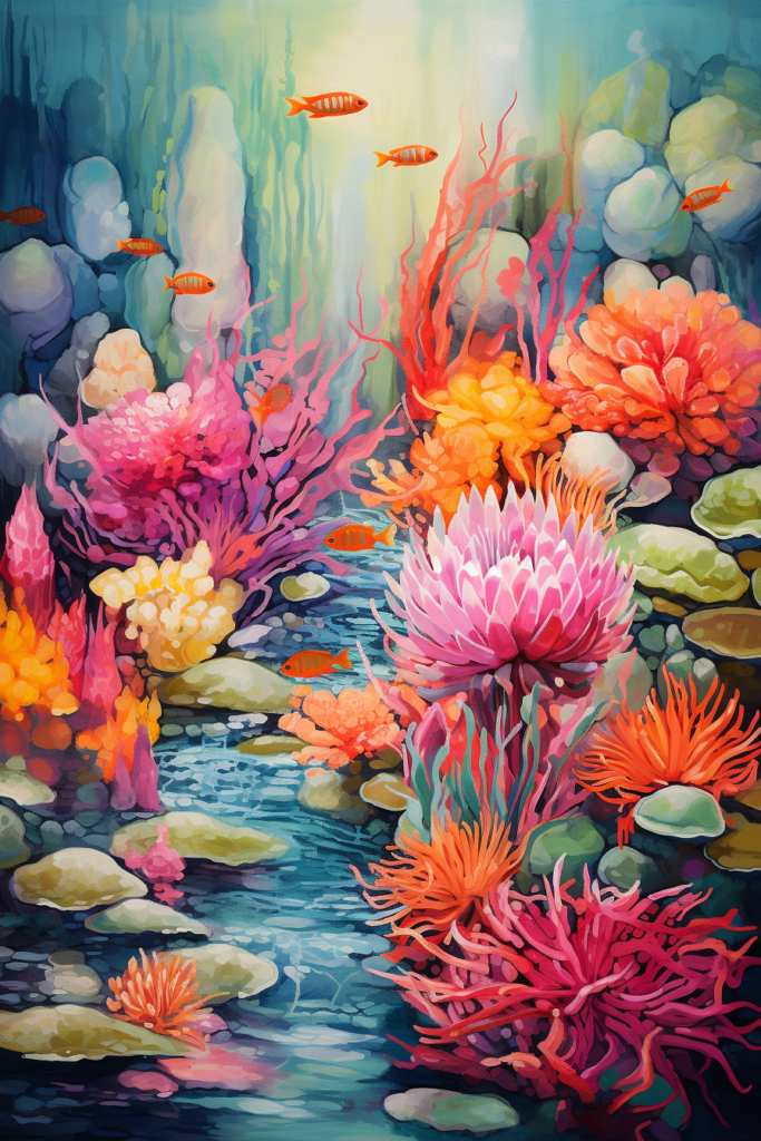 A painting of an underwater scene with corals and fish.