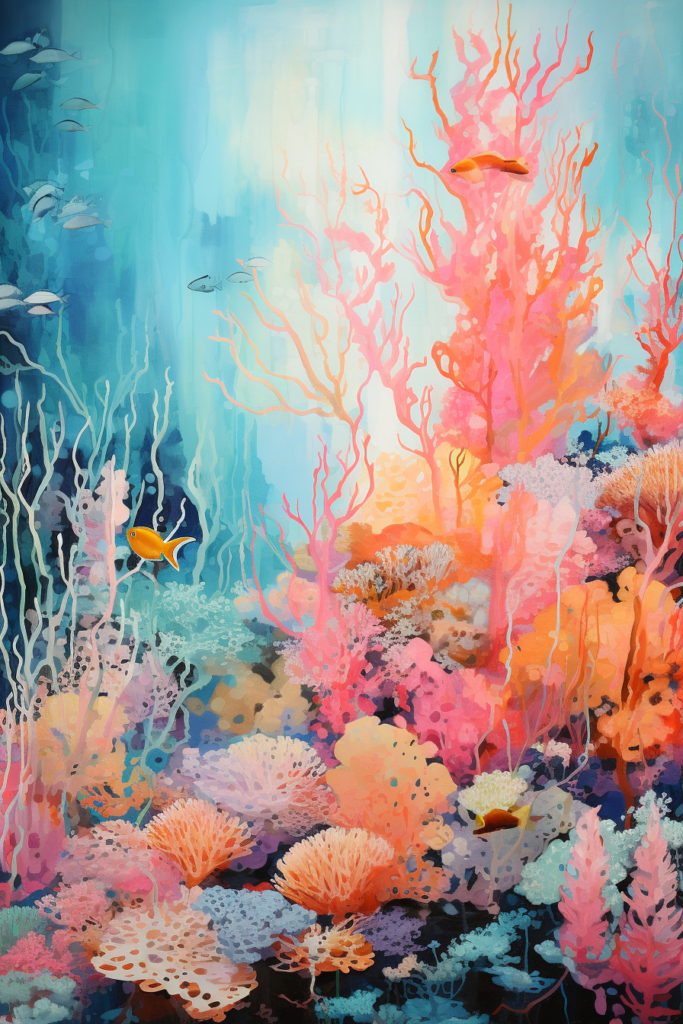 A painting of corals and fish in the ocean.