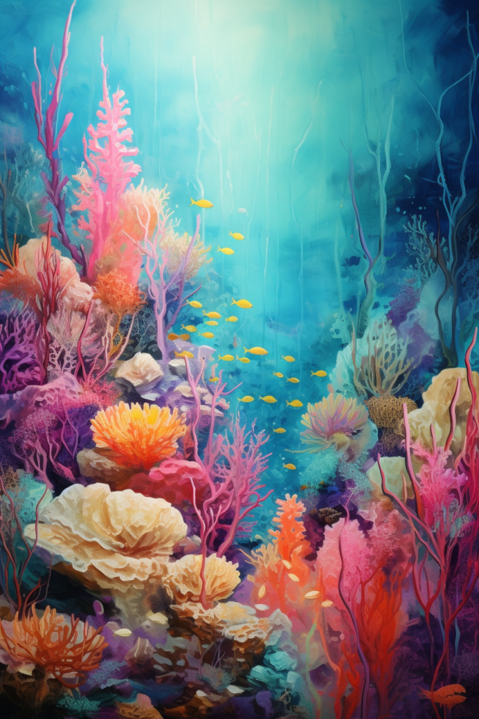 A painting of an underwater scene with colorful corals and fish.