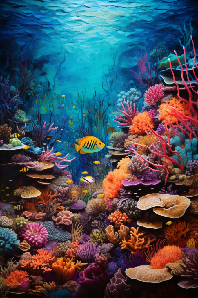 A painting of an underwater scene with colorful corals and fish.