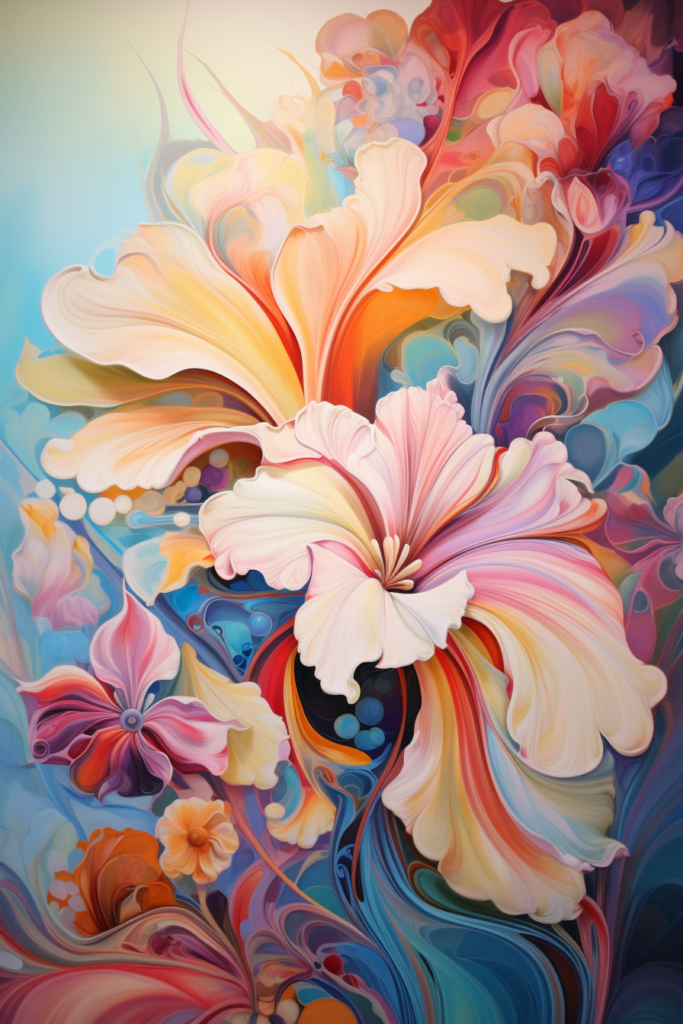 An abstract painting of colorful flowers on a blue background.