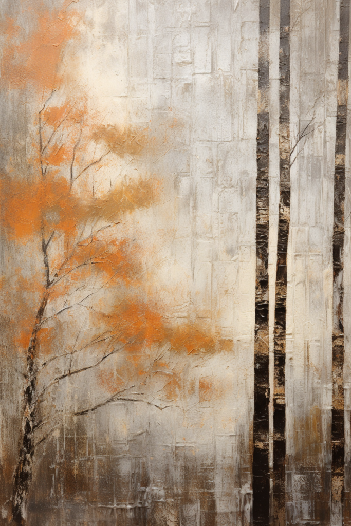 A painting of birch trees in orange and gray.