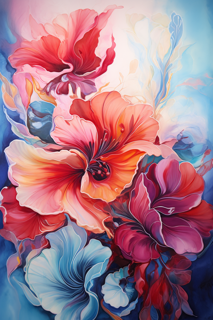 A painting of flowers on a blue background.