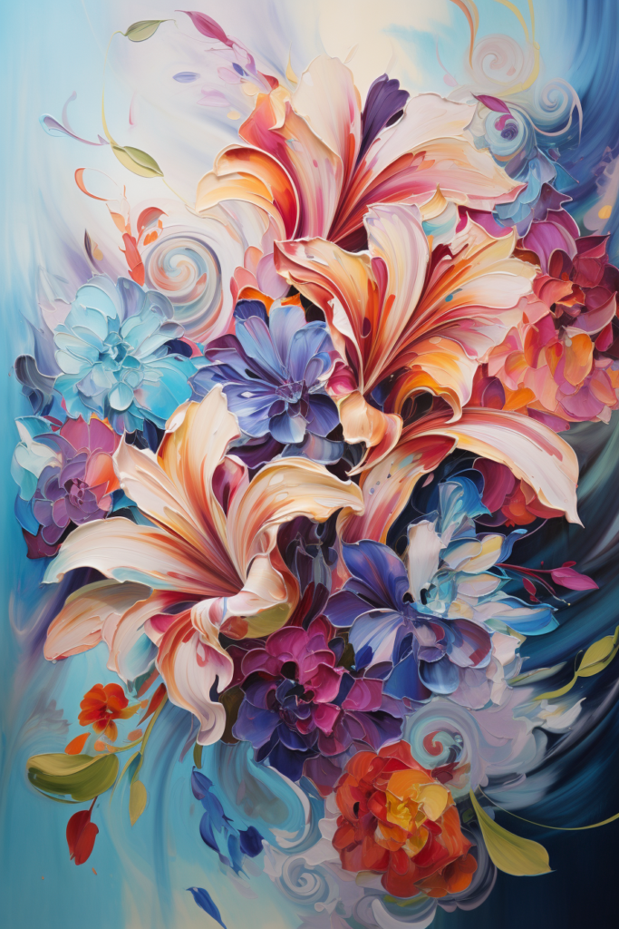 A painting of colorful flowers in a vase.