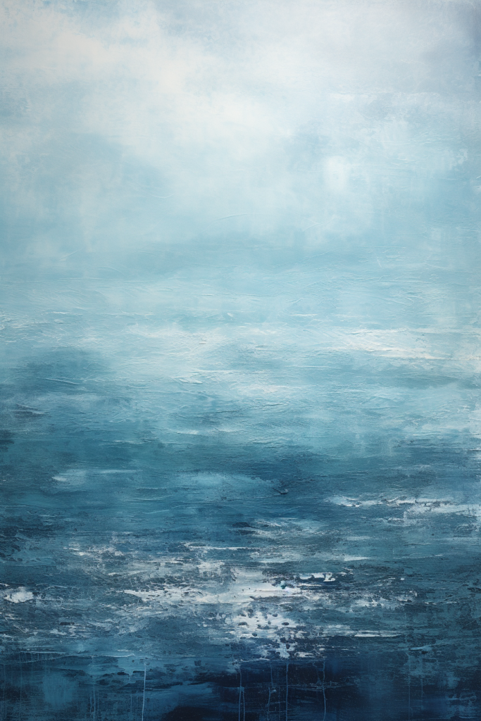 A painting of a blue ocean with clouds in the background.