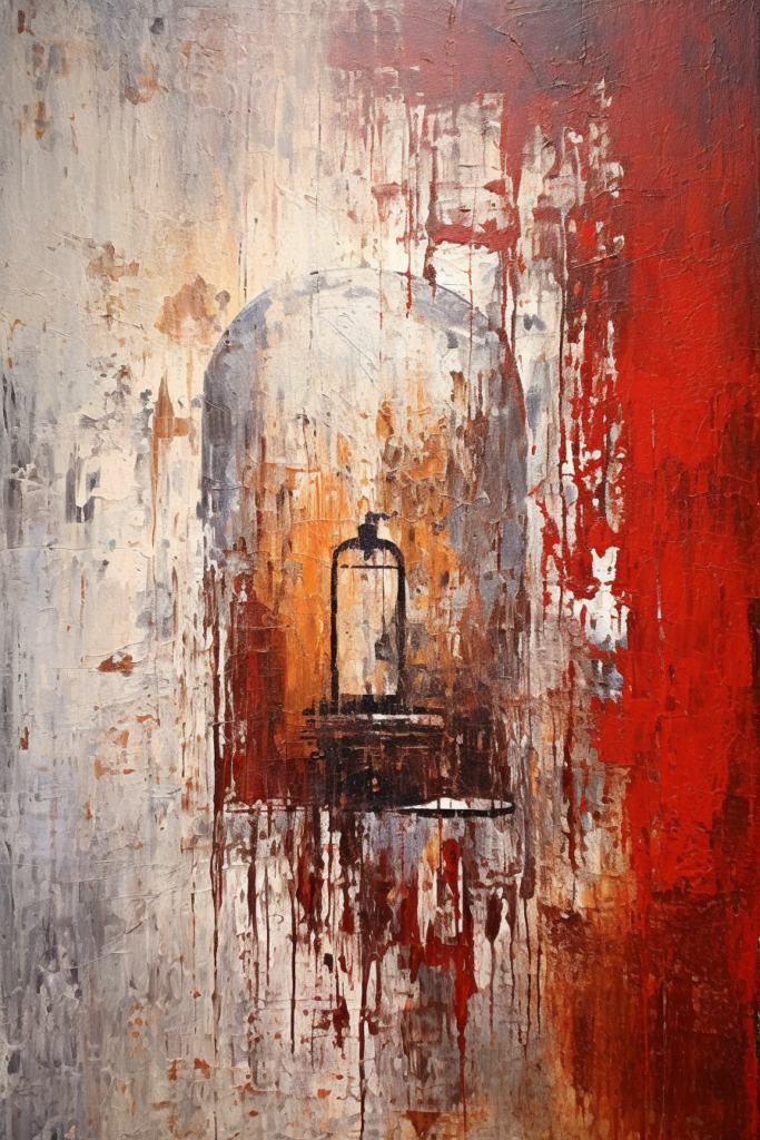 An abstract painting of a lamp with red and white paint.