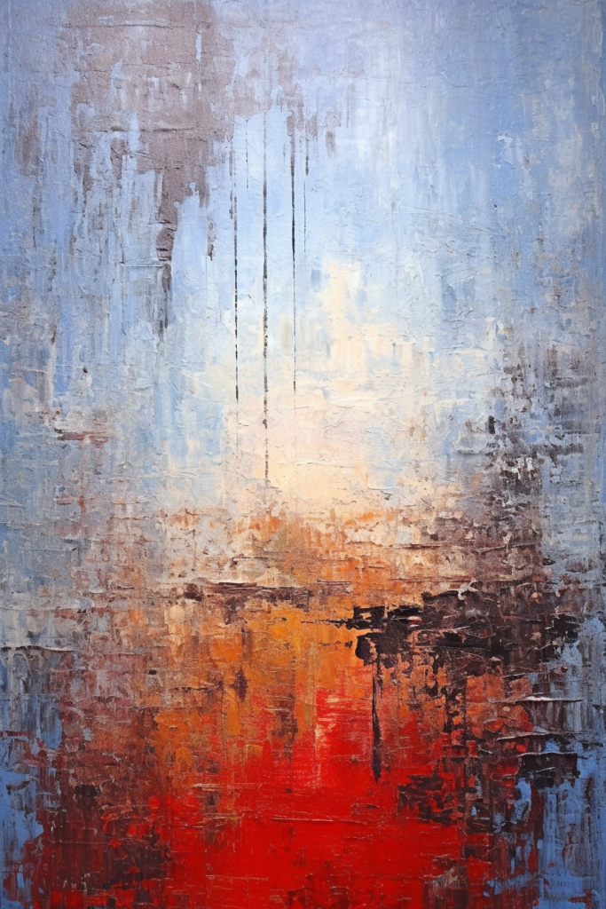 An abstract painting with red and blue colors.