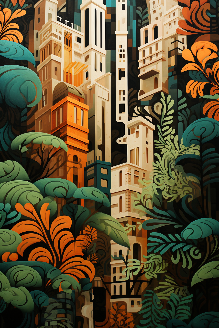 A painting of a city with trees and buildings.