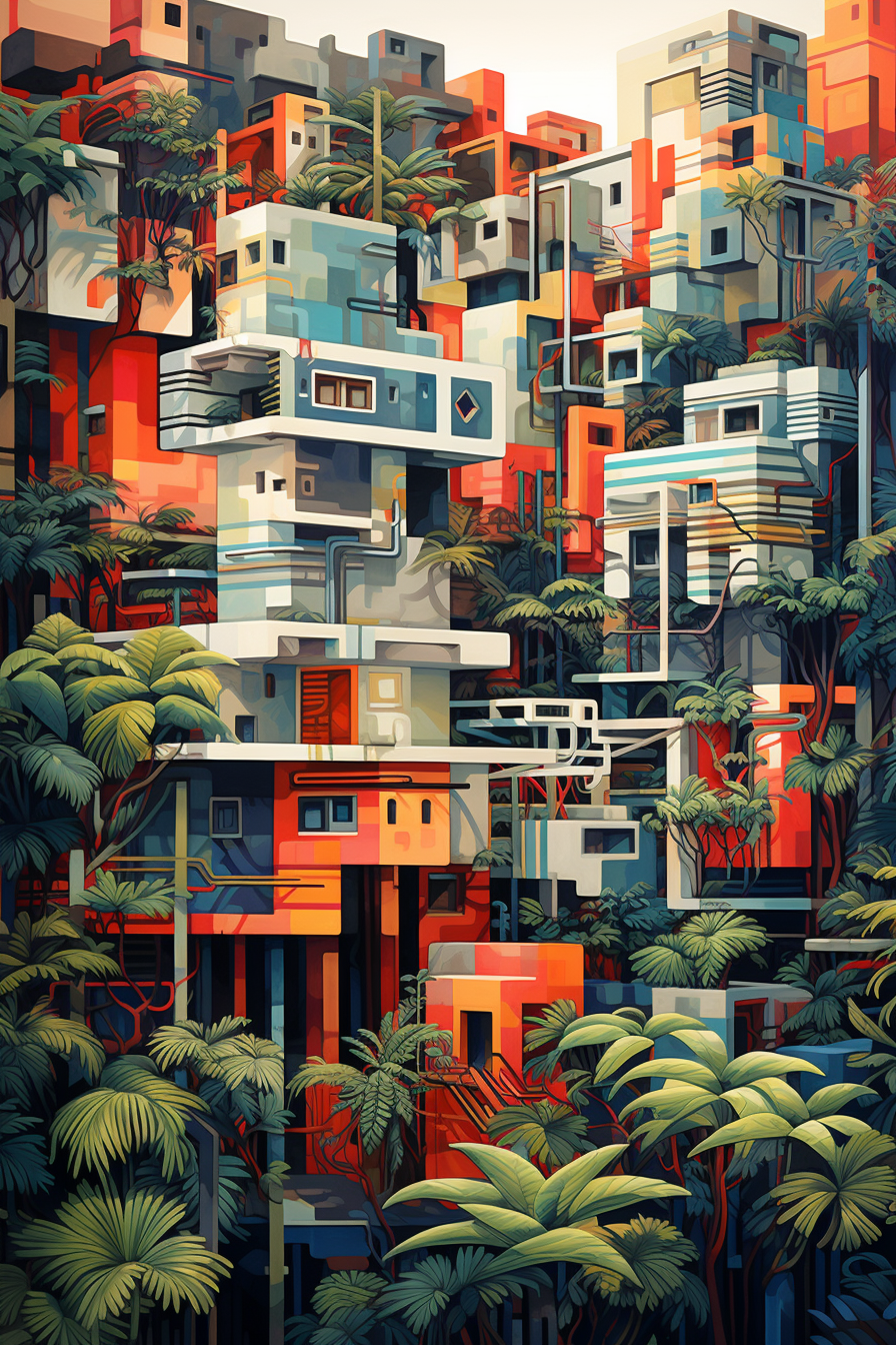 A painting of a city surrounded by trees.
