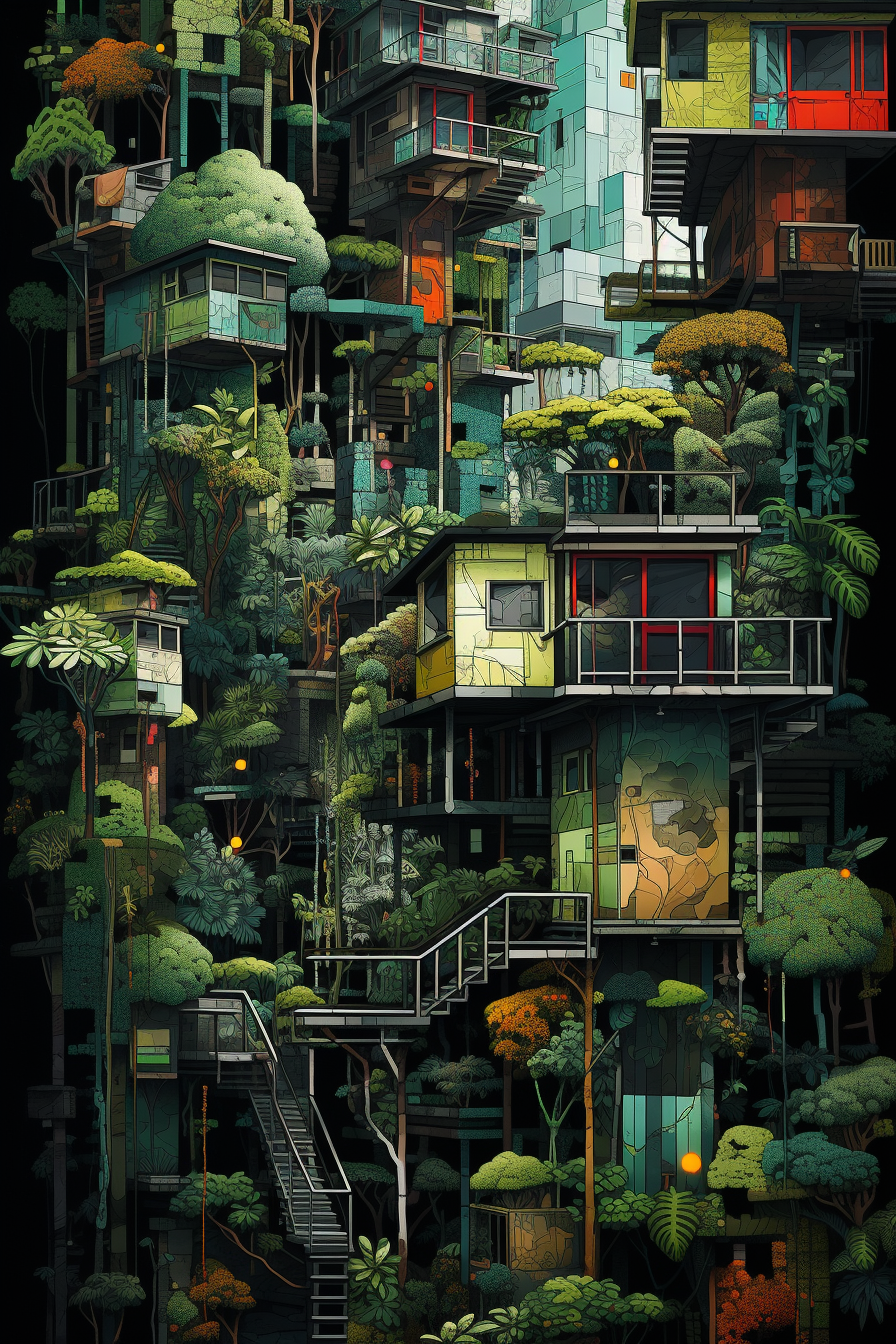 An illustration of a tree house in the forest.