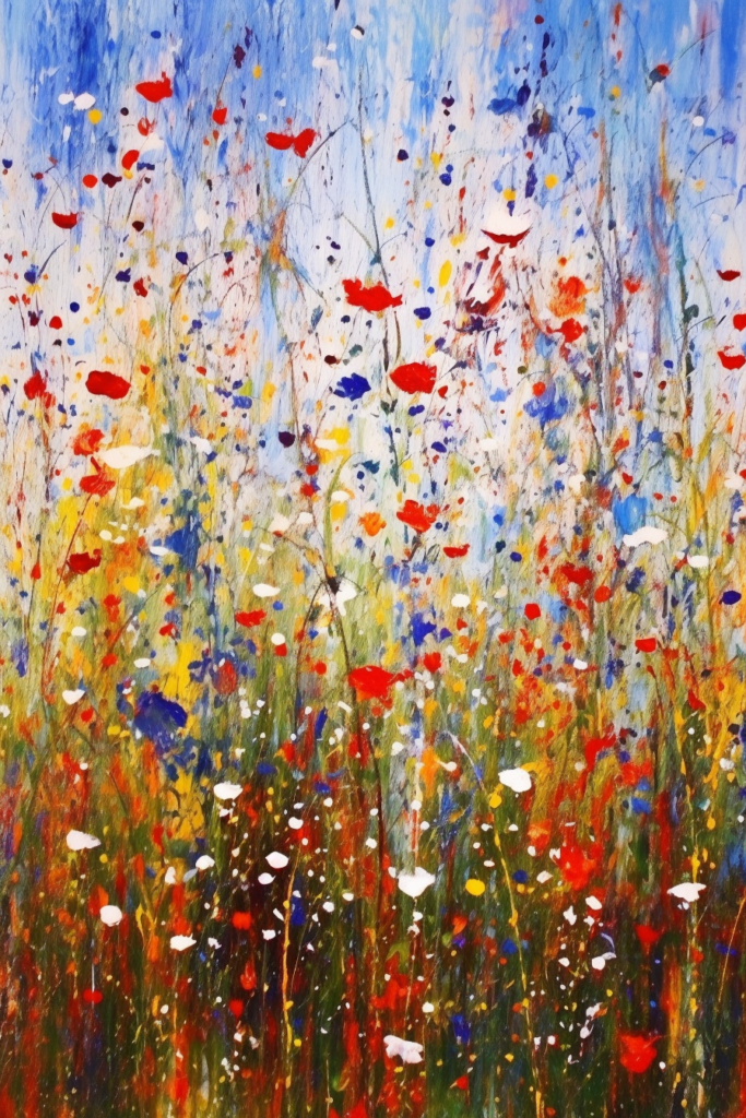 A painting of red, blue and white flowers in a field.