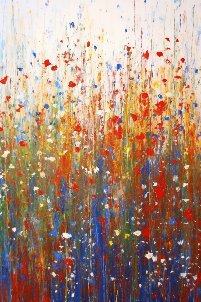 An abstract painting of red, blue and white flowers.