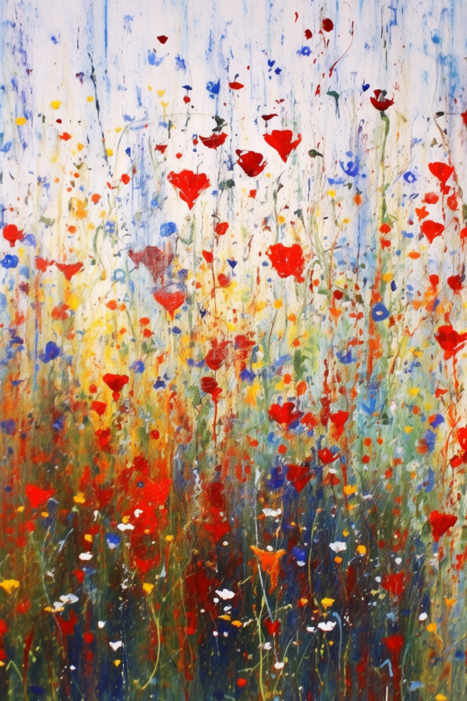 A painting of red, blue, and yellow flowers.