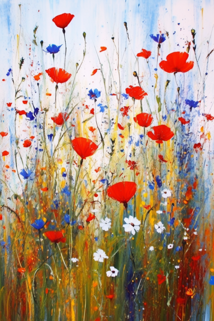 A painting of red and blue flowers in a field.