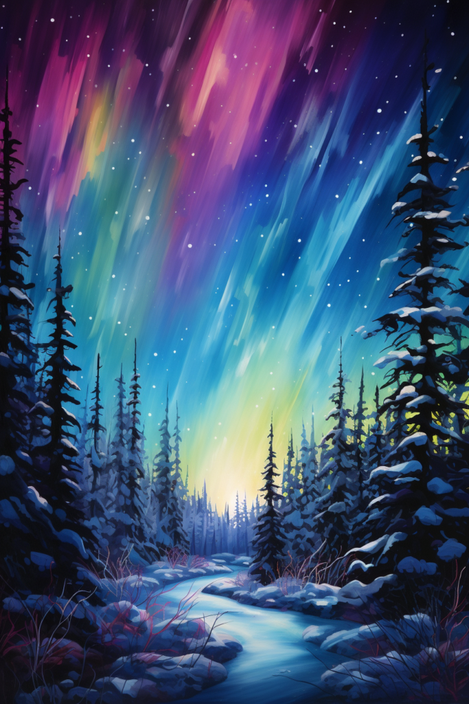 A painting of an aurora bore in the forest.