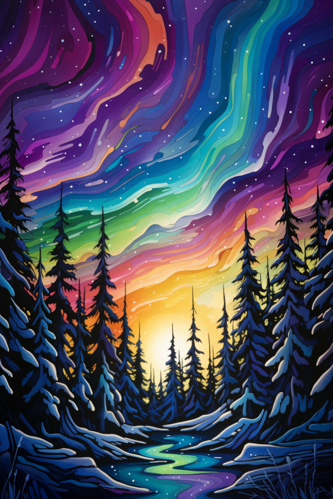 A painting of the aurora borealis in the forest.
