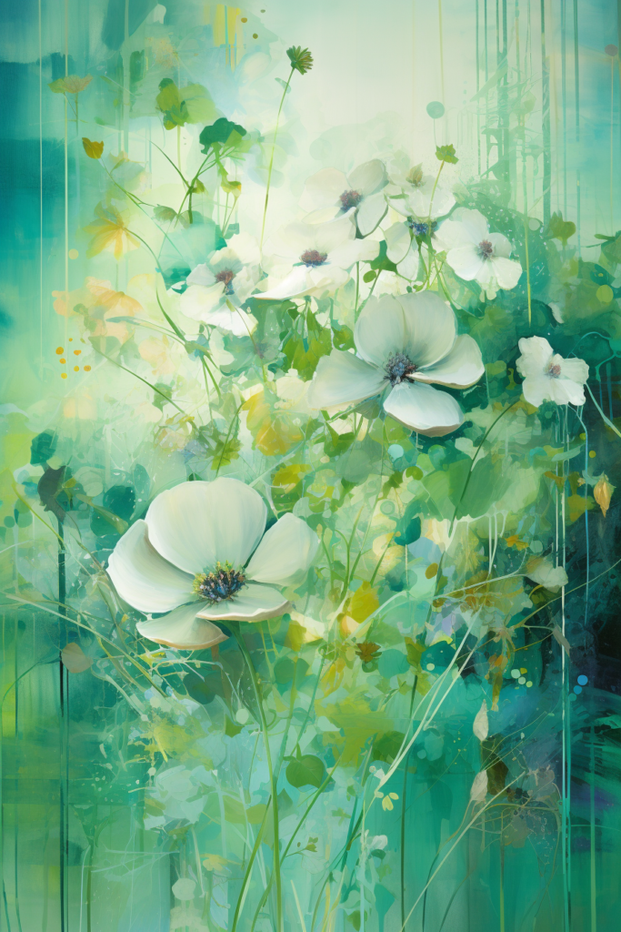 A painting of white flowers in a green field.