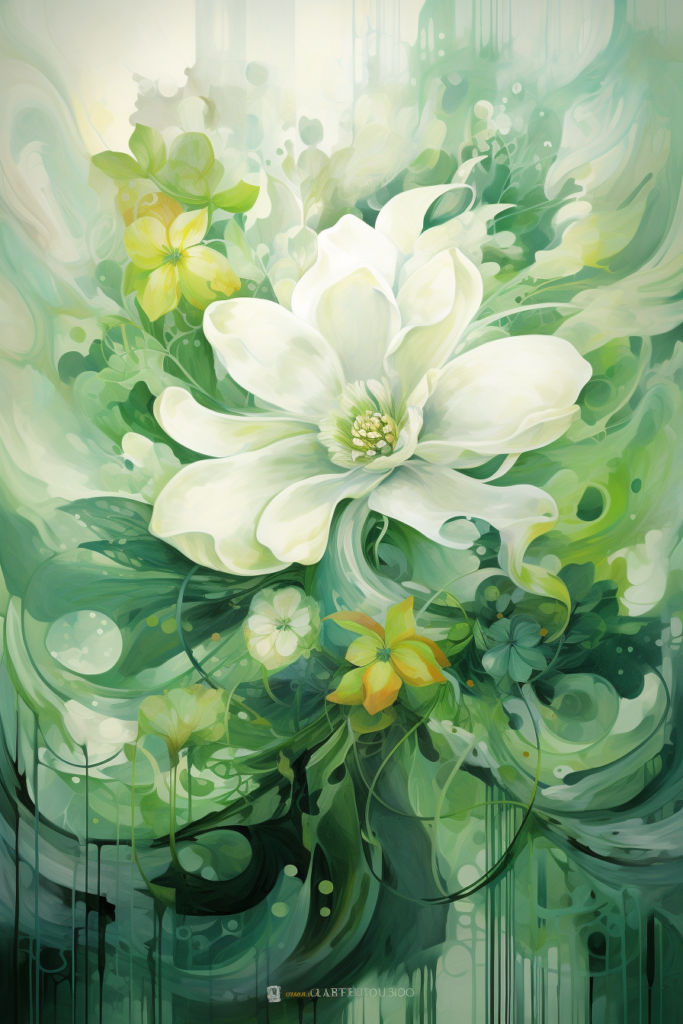 An abstract painting of a white flower.