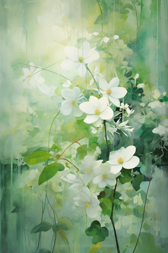 A painting of white flowers in a green environment.