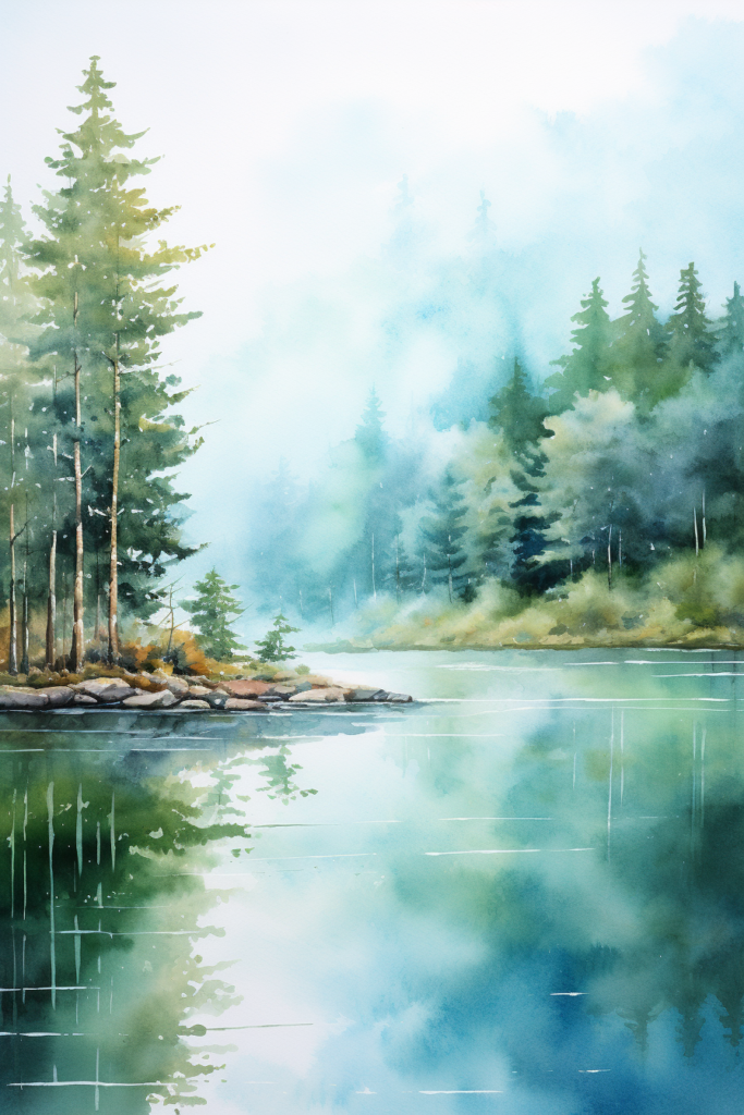 A watercolor painting of a lake with trees.
