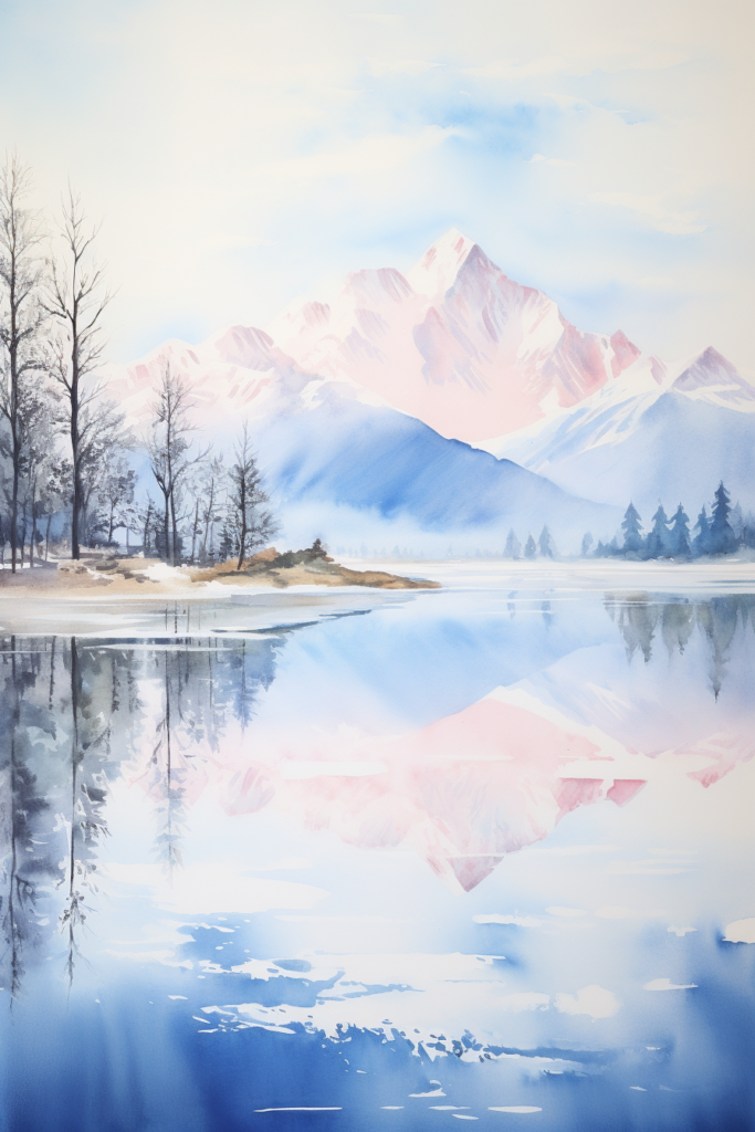A watercolor painting of a lake with mountains in the background.