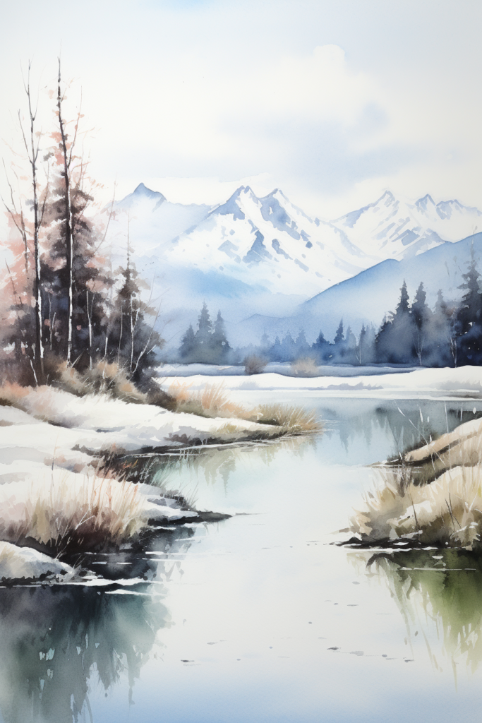 A watercolor painting of a river with mountains in the background.