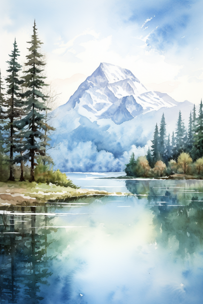 A watercolor painting of a lake and mountains.