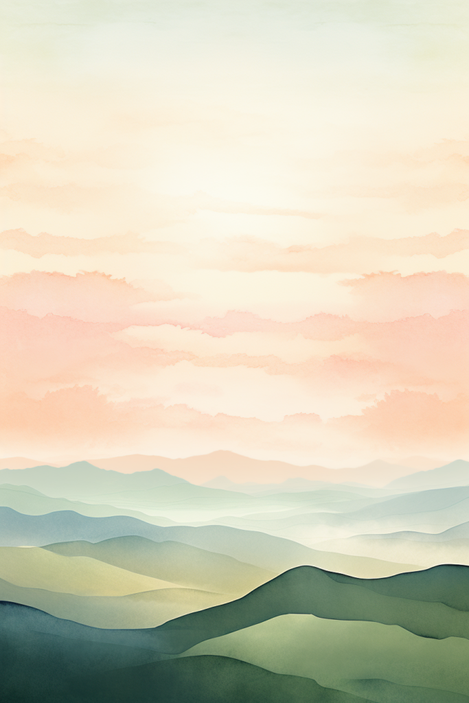 A watercolor painting of a mountain landscape at sunset.