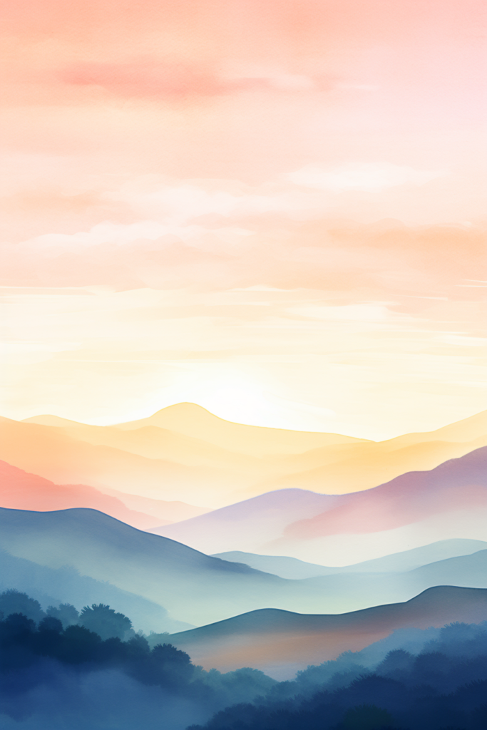 A watercolor painting of a mountain landscape at sunset.