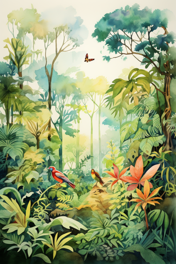 A watercolor painting of a tropical forest.