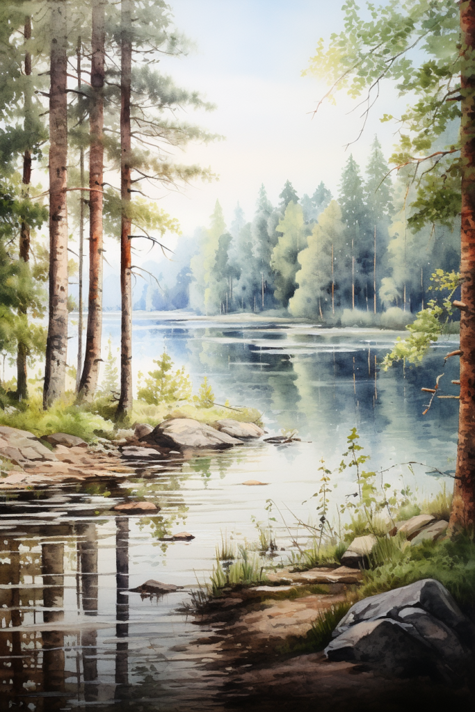 A painting of a forest with trees and a river.