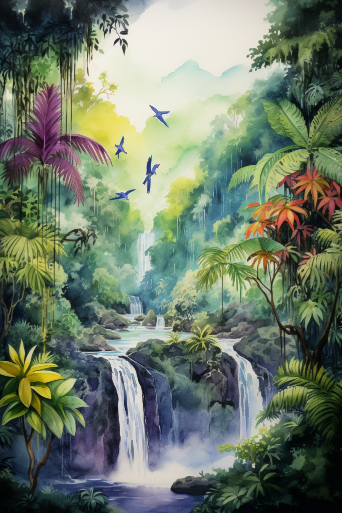 A watercolor painting of a waterfall in a tropical jungle.