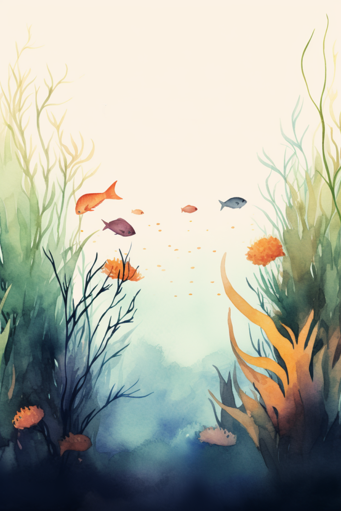 A watercolor painting of an underwater scene with fish and plants.