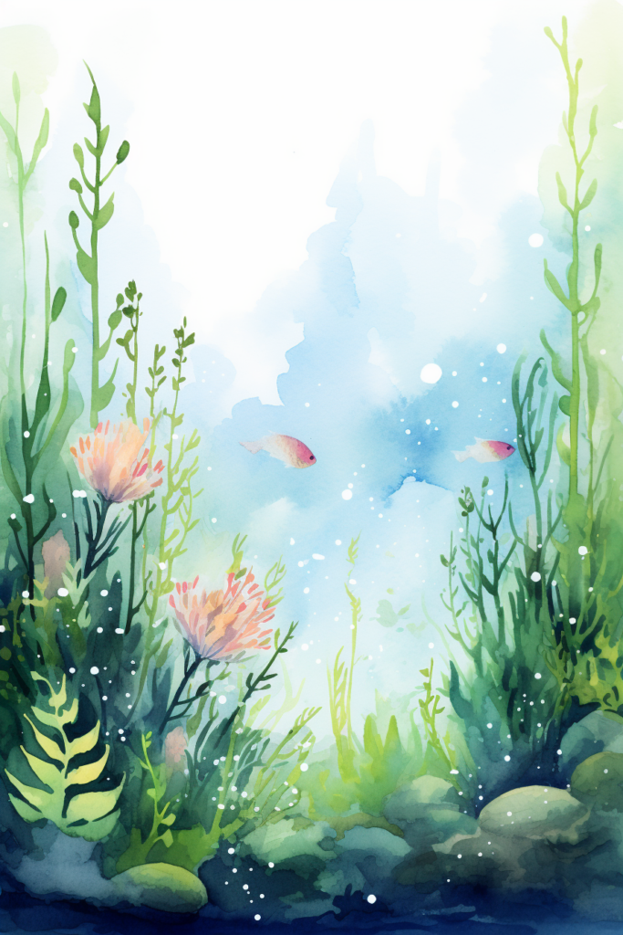 A watercolor illustration of plants and fish in the water.