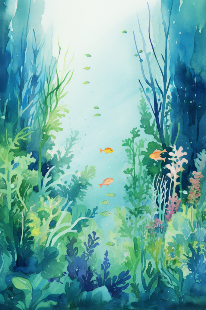 A watercolor painting of an underwater scene.