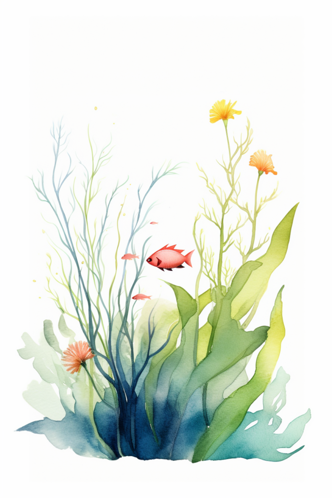 A watercolor illustration of an underwater scene with fish and flowers.