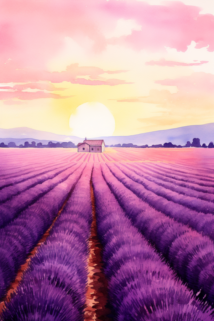 A lavender field at sunset with a house in the background.