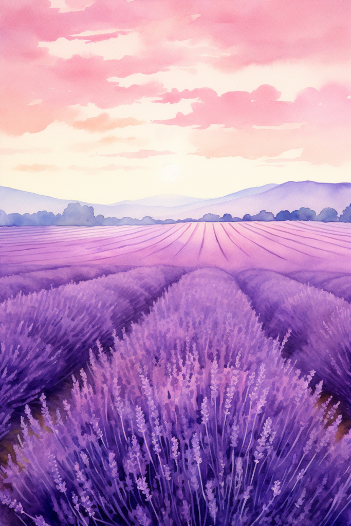 A watercolor painting of a lavender field at sunset.