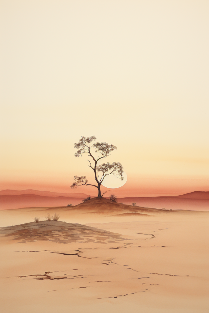 A lone tree in the desert at sunset.