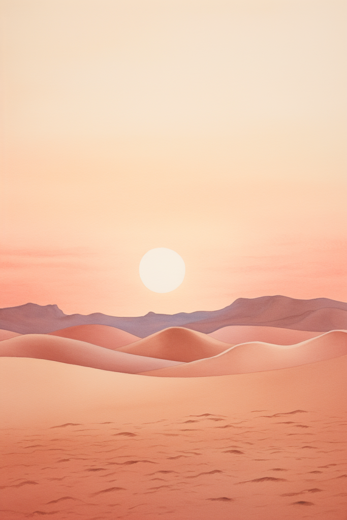 A desert landscape with sand dunes at sunset.