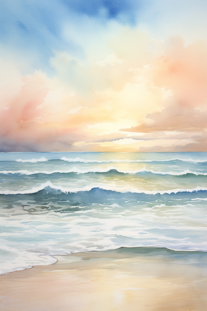A watercolor painting of a beach at sunset.