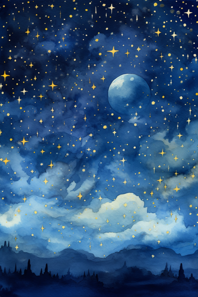 A painting of a night sky with stars and moon.