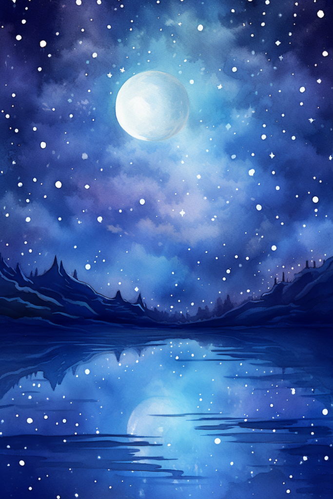 A painting of a night scene with a moon and snow.