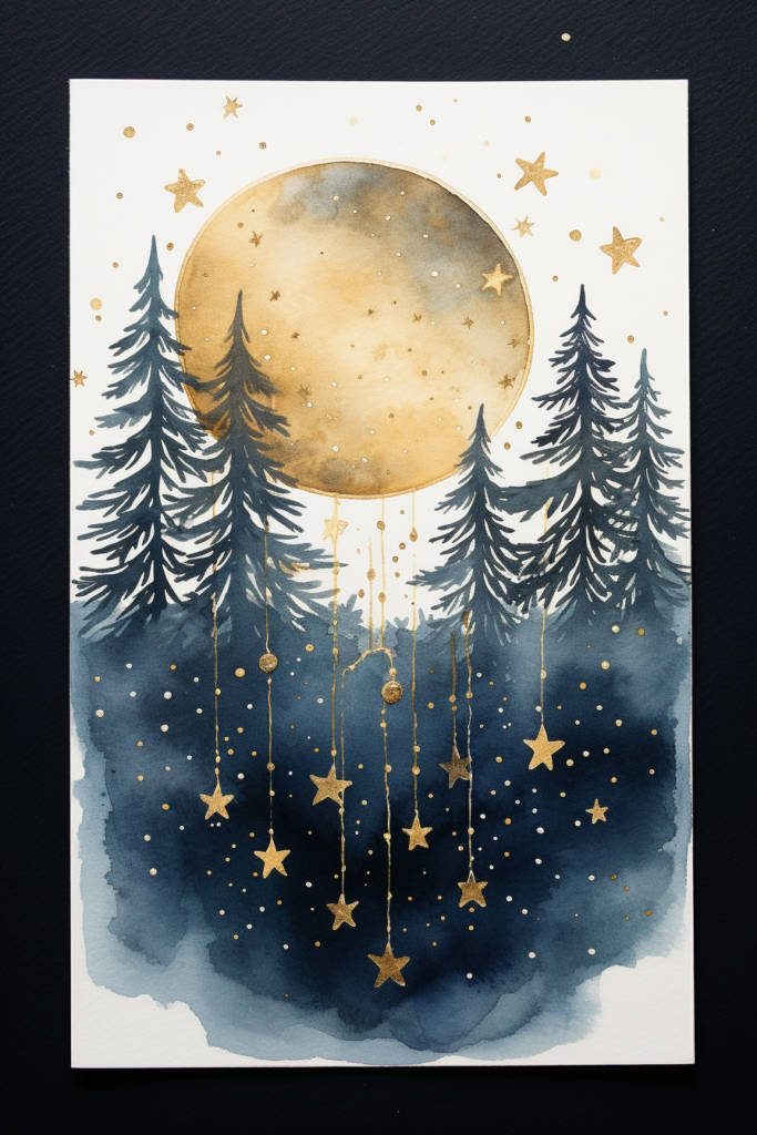 A watercolor painting of a moon and stars in the sky.