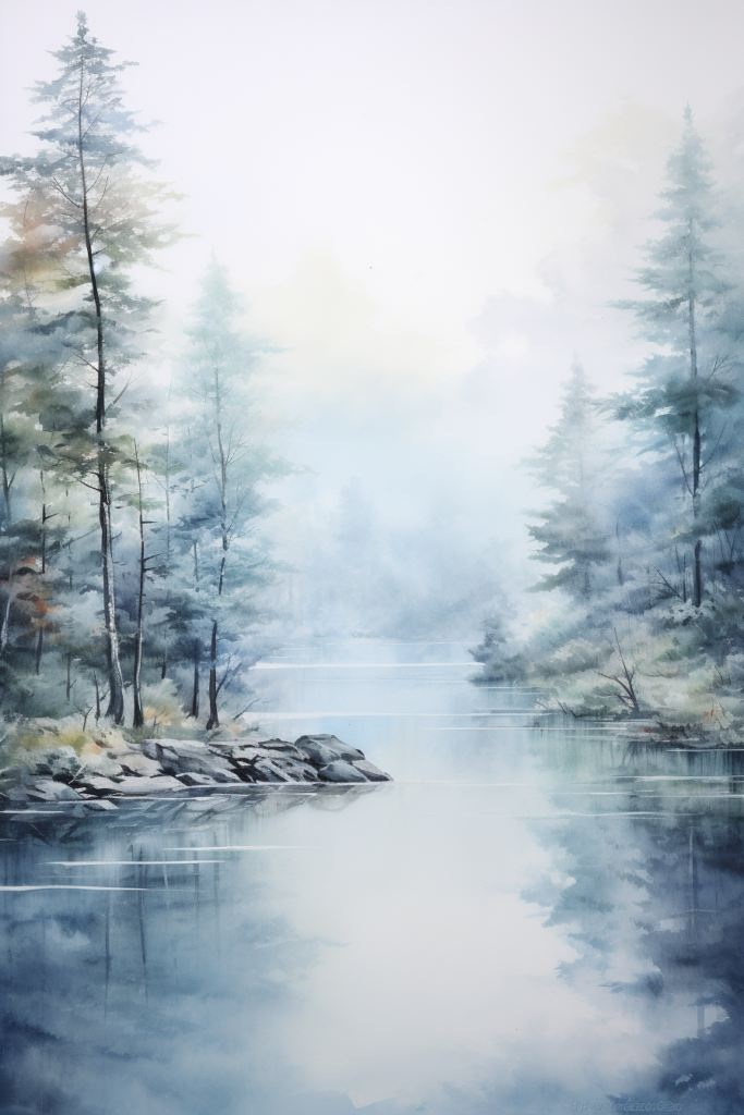A watercolor painting of a lake and trees.